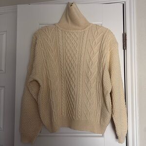 Vintage Cream Cable Knit Turtleneck Sweater Wool Blend Size Large